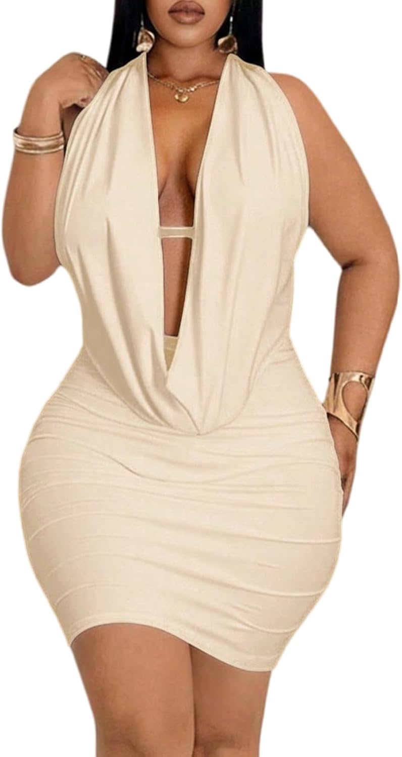 Floerns Women's Plus Size Going Out Halter Dress Deep V Cowl Neck Date Night Bodycon Mini Dresses
