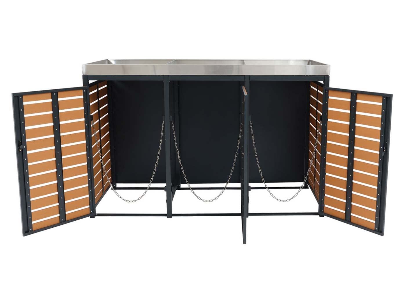 3x copribidoni box spazzatura rifiuti con fioriera HWC-K14 84x200x124cm metallo WPC - teak