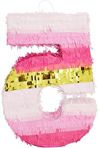 Miniatura 8 de Piñata número 5, papel de aluminio rosa y dorado para decoración de fiesta de cumpleaños de 5 cumpleaños (pequeño, 16.5 x 11.6 x 3 pulgadas)
