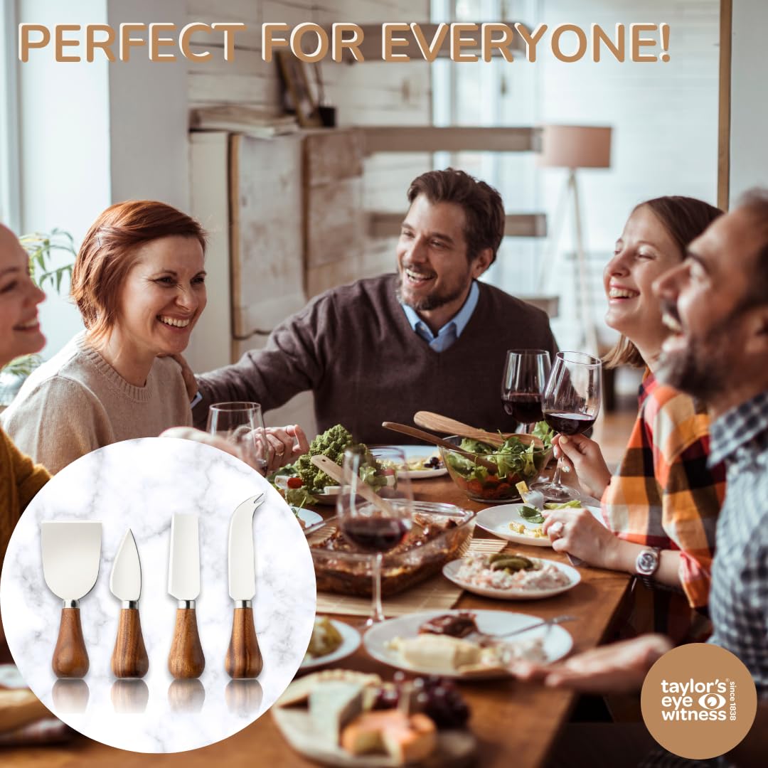 Juego de cuchillos de queso de acacia de 4 piezas y soporte de pizarra de 3 niveles. Elegante juego de cuchillos de queso con soporte de pizarra etagere, mangos de cuchillos de madera de acacia y
