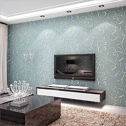 MEAIHOME Modern Simplicity 3D Rose Pattern Non-Woven Flocking Deep Embossed for Living Room Bedroom Wallpaper Roll 0.53m (1.73' W) x 10m (32.8' L) = 5.3㎡ (57 sq.ft) Non-Pasted (Light Blue)
