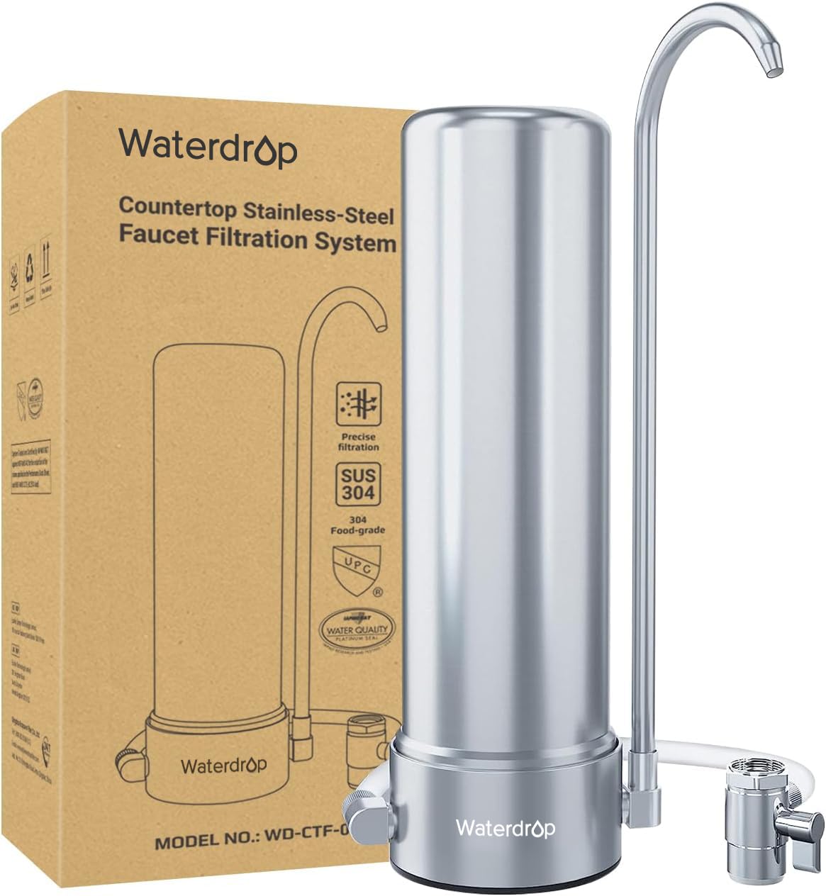 Waterdrop WD-CTF-01 Countertop Filtration System, 304 Food-Grade Stainless Steel, 6-Stage Faucet Water Filter, Long-Lasting Life, Removes 99% of Chlorine, Heavy Metals, Bad Taste (1 Filter Included)
