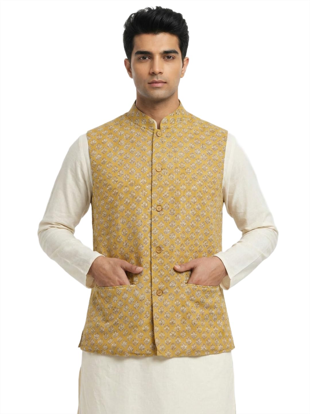 sanman ethnix by raymond Men Regular Fit Print Pattern Pure Cotton Mandarin Collar Sleeveless Festive Bundi-picture-19