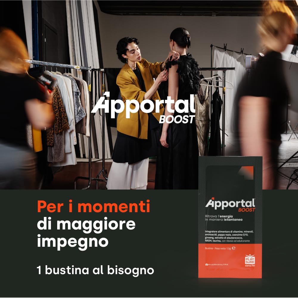 Apportal Boost, Integratore alimentare con Taurina, Ginseng e Vitamina B12, Sostegno mirato al benessere di mente e corpo nei periodi di maggiore impegno, Senza caffeina, 14+14 bustine