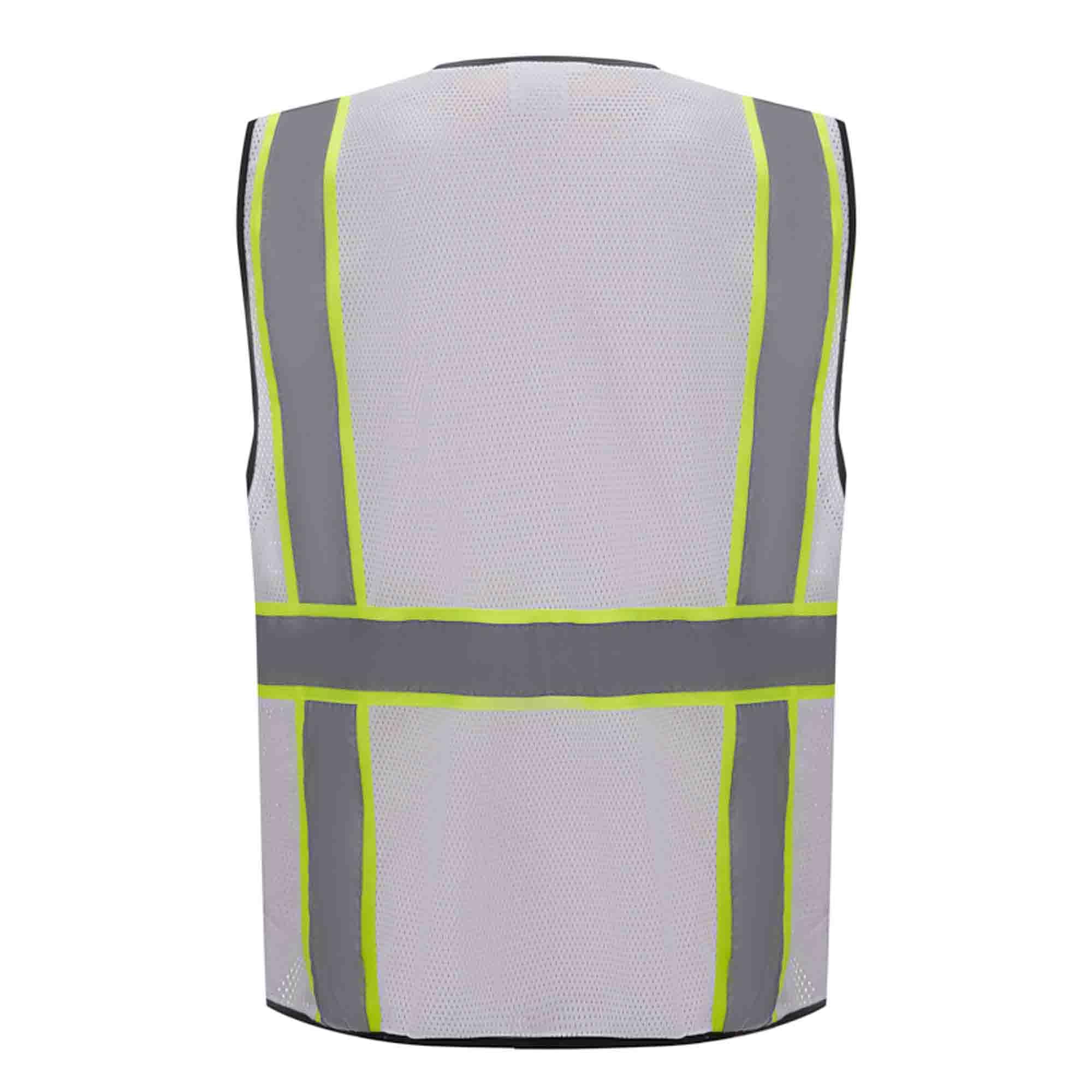 3C Products SV2520 Deluxe Ultra Cool Mesh Safety Vest, 2” Reflective w/Yellow Binding, Zipper, 9 Pockets, White (S)