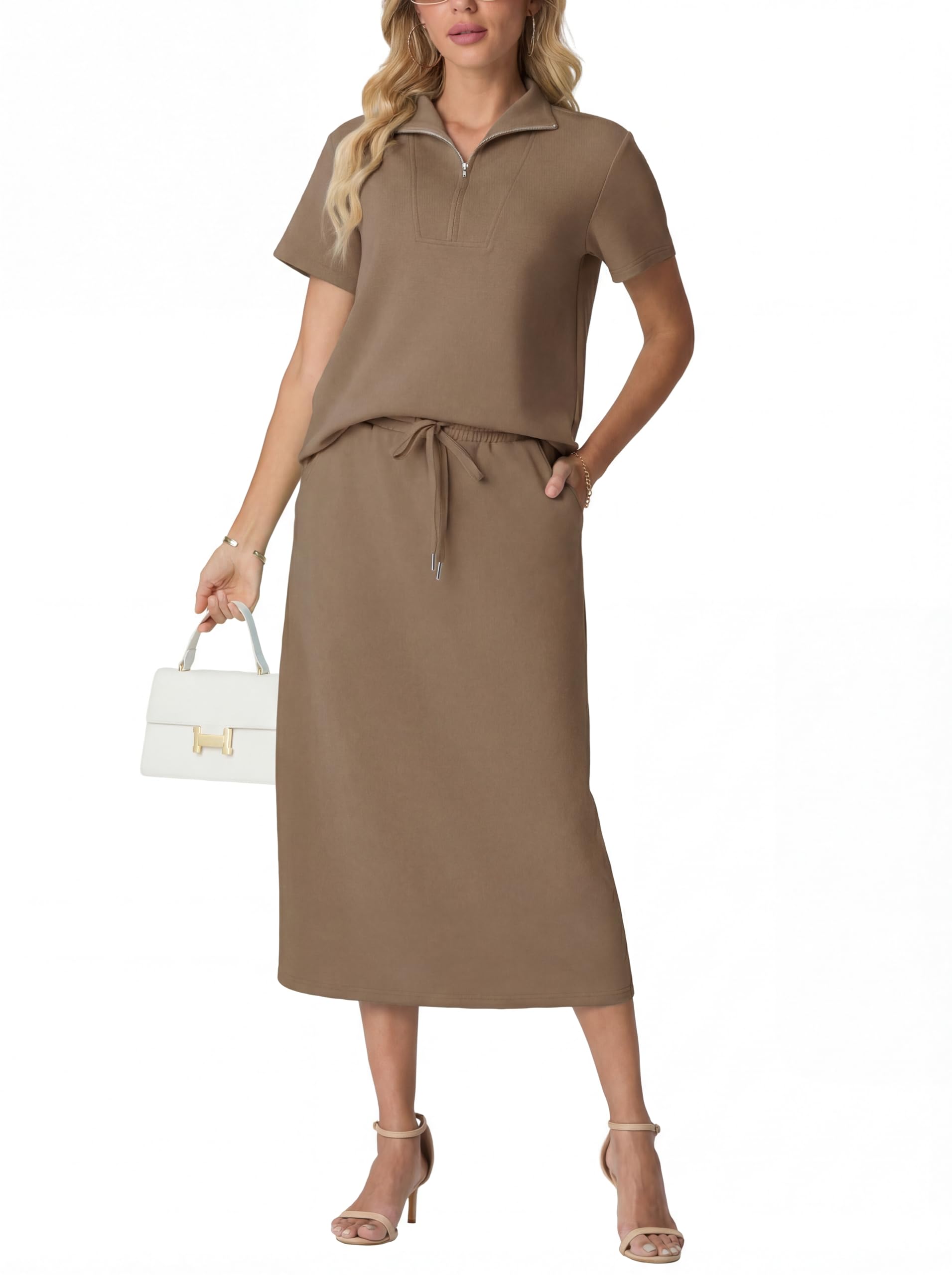 GRECERELLE Ensemble complet de survêtement d'été pour femme - Tenue deux pièces à manches courtes et demi-fermeture éclair - Pull décontracté et jupe midi à taille élastique avec poches