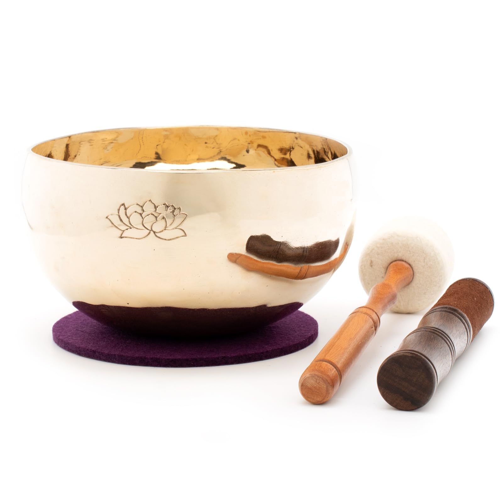 Klangschale, 750-800g mit Lotus-Gravur, handgeschmiedet | Fair Trade aus Nepal, für Meditation und Yoga, inkl. Zubehör