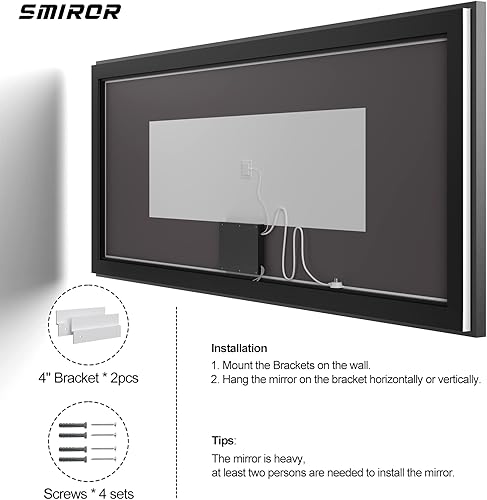 Miniatura 6 de Espejos de baño LED de 55 x 30 pulgadas con marco negro montado en la pared, espejos de tocador iluminados con luces, regulables, antiniebla,