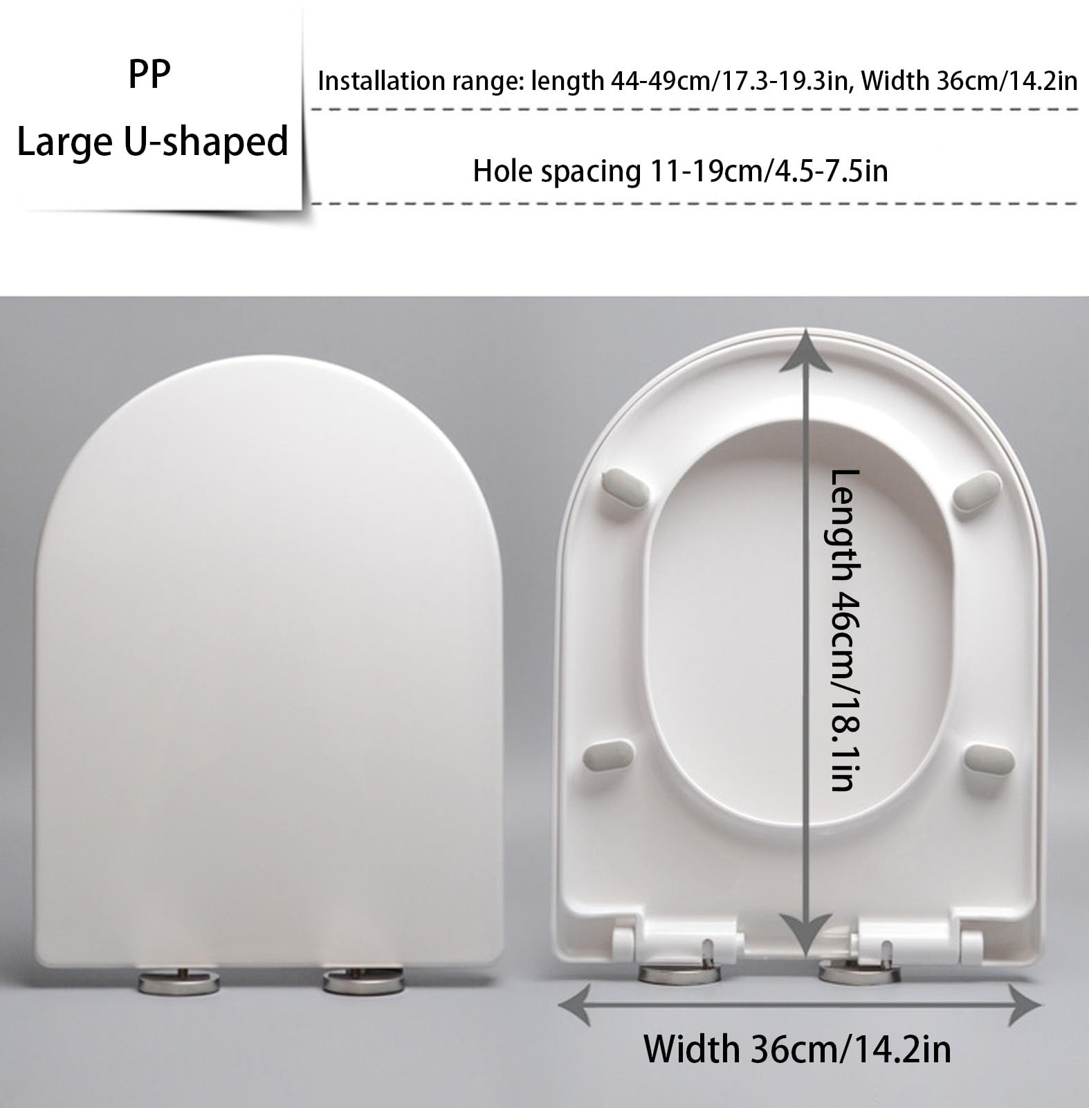 Asiento de inodoro ajustable de cierre suave, tapa de polipropileno blanco, fácil de limpiar e instalar, bisagras de 360°, liberación rápida, 46 x 36 cm, ideal para mejorar el baño