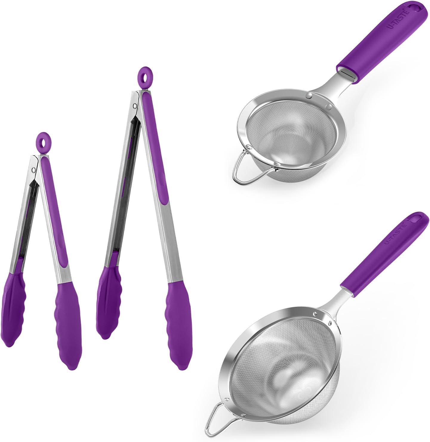 U-Taste 600ºF Heat Resistant Food Grade Non Stick Firm Cooking Tongs Set of 2, and 18/8 Stainless Steel Fine Mesh Strainer with Sturdy Riveted Silicone Handle and Strong Frame Set of 2 (Purple)