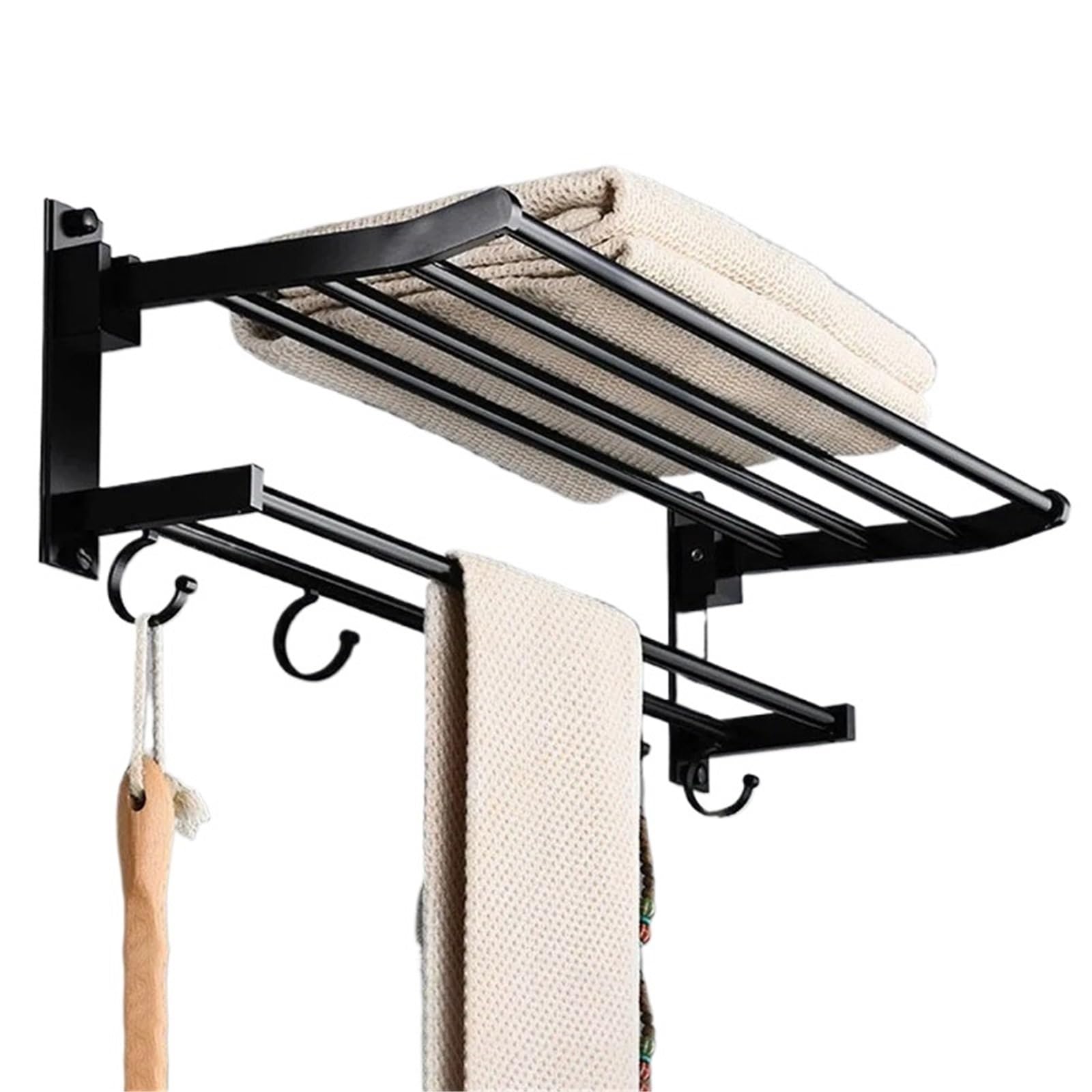 Self Adhesive Towel Rail Wall Mounted, 2 Layer Wall Mounted Towel Rail With Movable Hook Black 37cm 47cm Bathroom Kitchen Bedroom(Black 37cm)