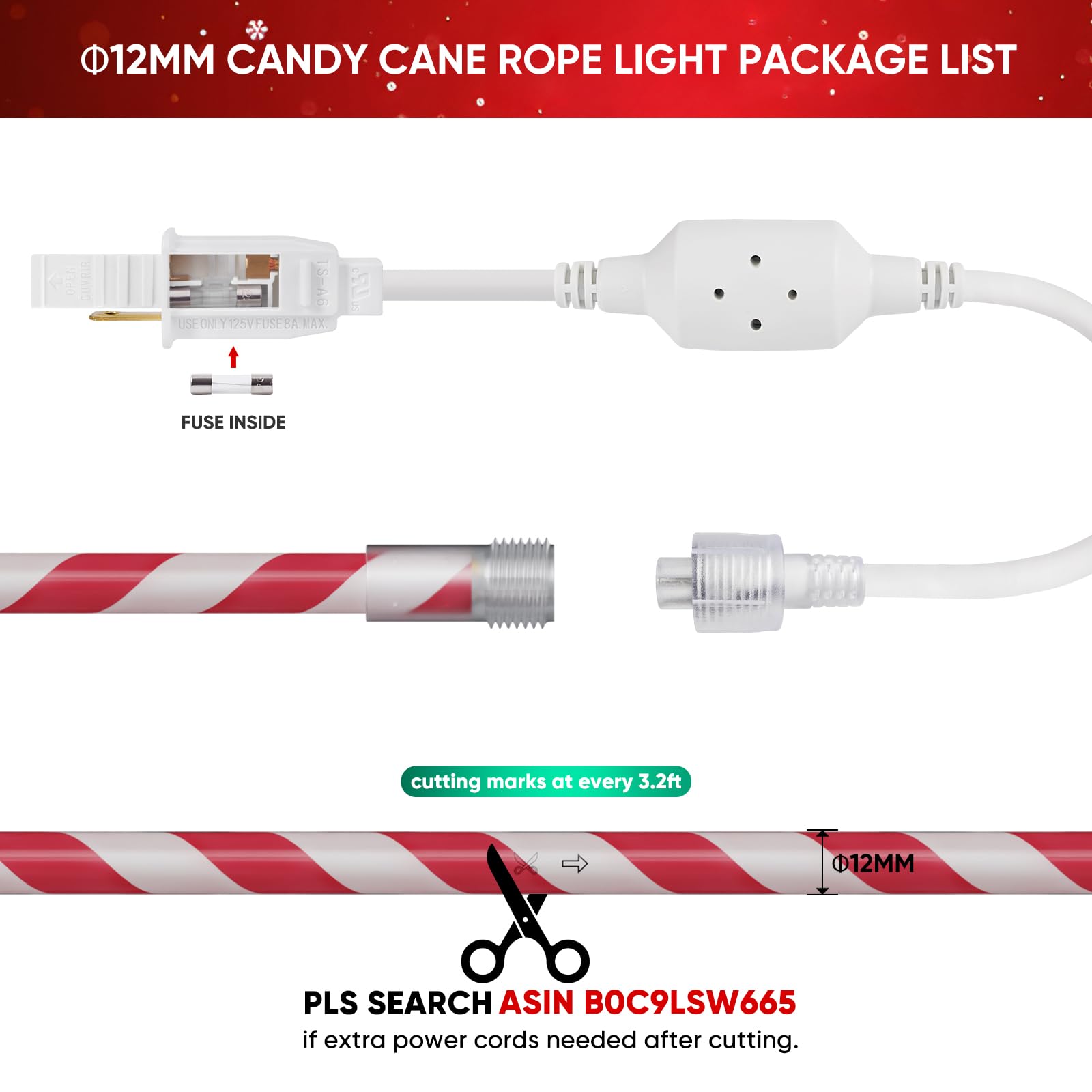 Shine Decor Corde lumineuse en sucre d'orge, rouge/blanc, ETL, 20 m