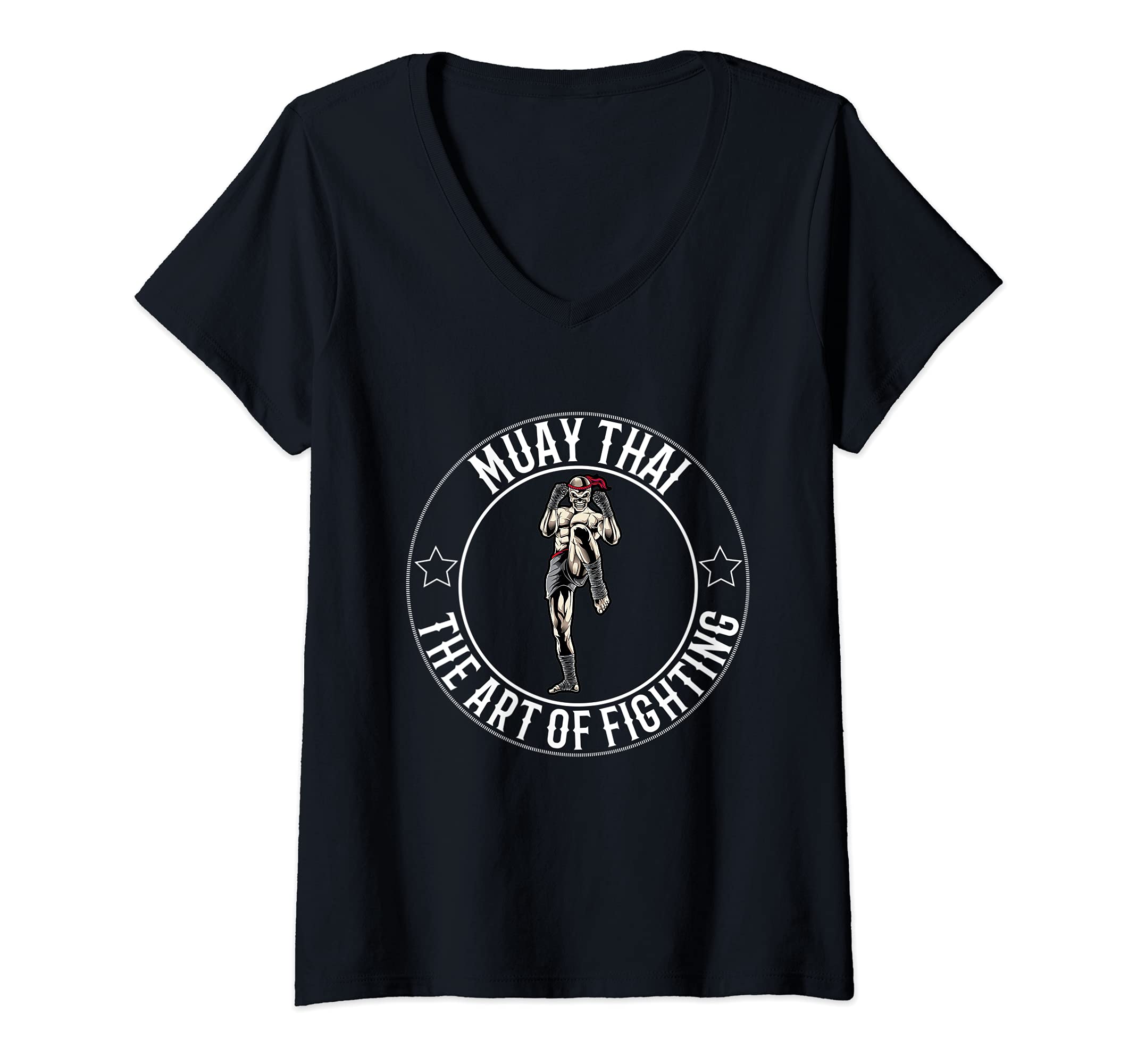 Womens Muay Thai and Thai Boxing Skeleton V-Neck T-Shirt, Black