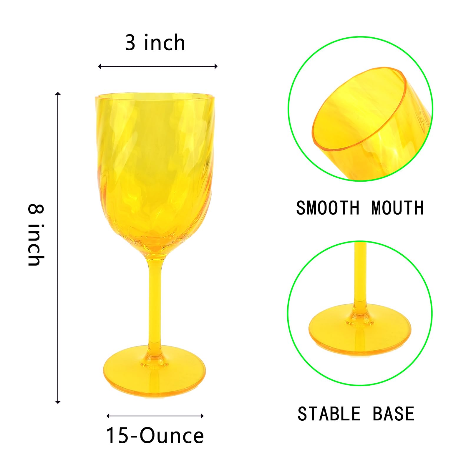 Lot de 6 verres à vin incassables en acrylique 425 ml pour intérieur et extérieur, sans BPA, incassables, jaunes
