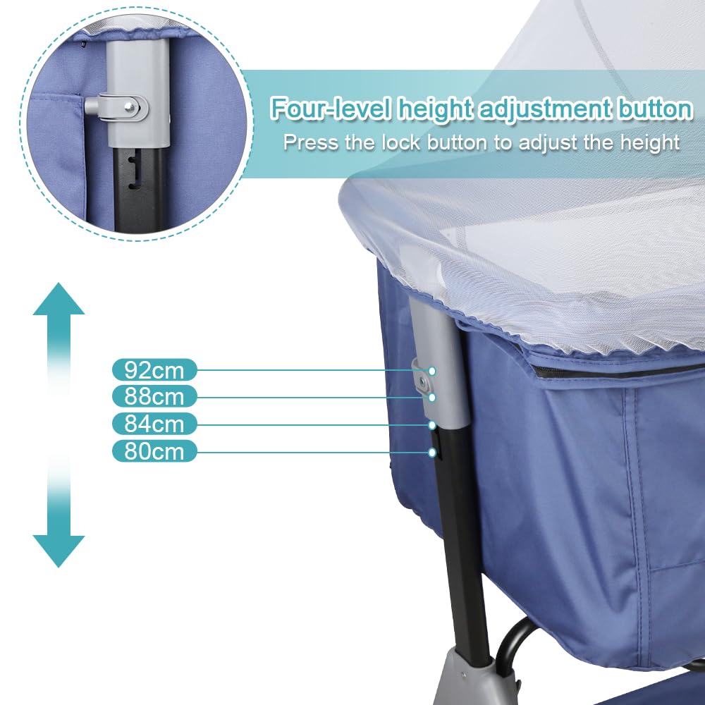 Kedia Cuna Cododo, Cuna de bebé multifuncional con colchón de nacimiento de 1 a 12 meses, Cuna de bebé con 4 ruedas y mosquitera, ajuste de altura (azul, A-104 x 52 x 103 – 115 cm)