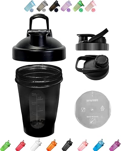 Shaker Bottle Un pequeño negro oscuro de 12 onzas13.5 fl oz con marcas de medición y bola mezcladora de batidor de acero inoxidable, libre de BPA,