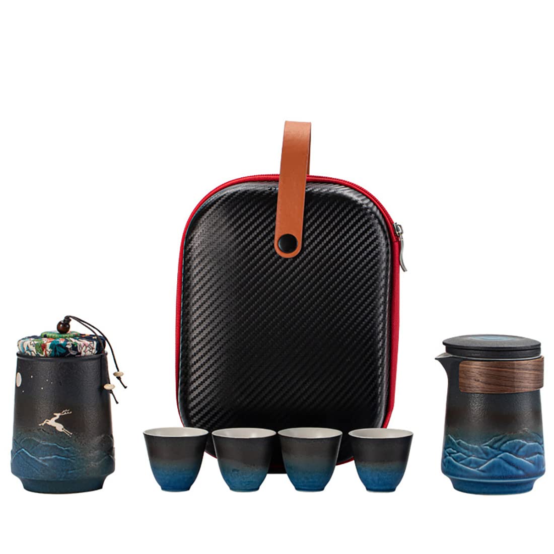 Portable Tea Set, Ceramic Travel Tea Set of 7 with Teapot Teacups Caddy Infuser Travel Bag for Kung Fu Tea, Chinese Japanese Ceramic Tea Set
