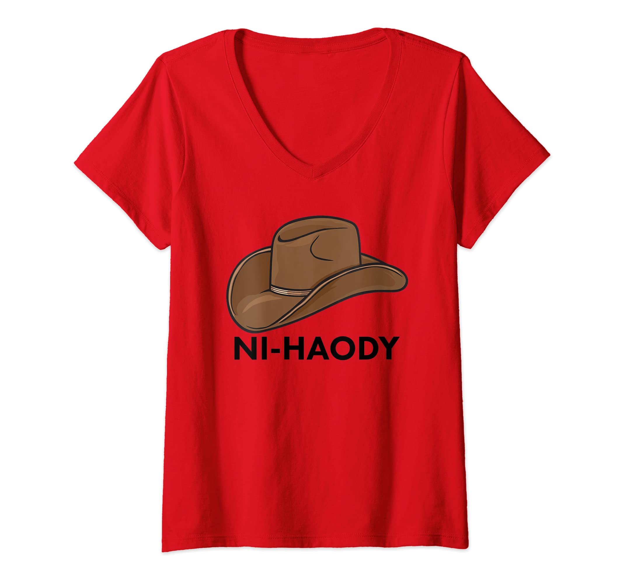Womens Ni Haody Howdy Cow Boy Asian Chinese Country Cowboy Hat V-Neck T-Shirt