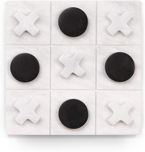 Bey-Berk Juego de Tic Tac Toe de mármol, tablero blanco de 9 x 9 pulgadas con piezas de juego en blanco y negro, elegante juego de mesa auxiliar