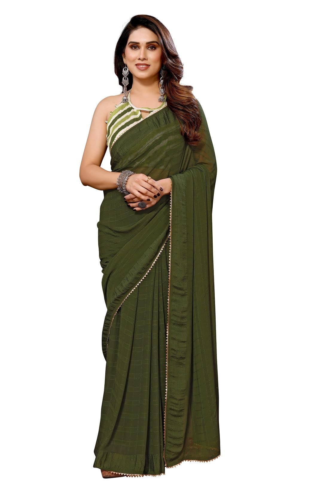 RAJESHWAR FASHION WITH RF Women's Readymade Pleated Pre Drape Stitched Cotton Woven Marble Checks Printed Sarees For Women & Unstitched Blouse Piece (Ready To Wear One Minute Saree)