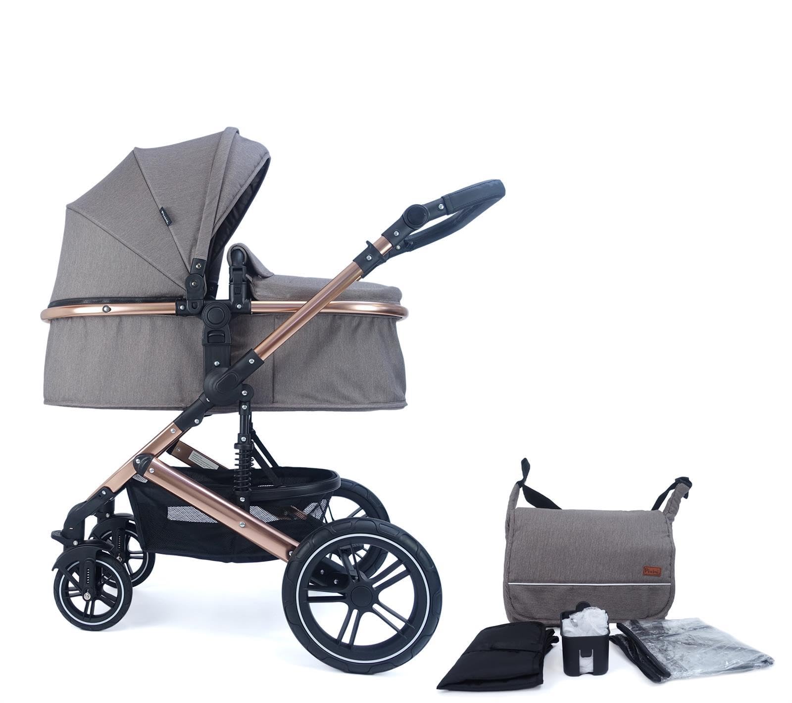 Pixini Neyla Kombi Kinderwagen mit Stoffwanne/Buggy/Wickeltasche/Getränkehalter/Regenplane/Mückennetz/Wickelauflage (gold/braun)