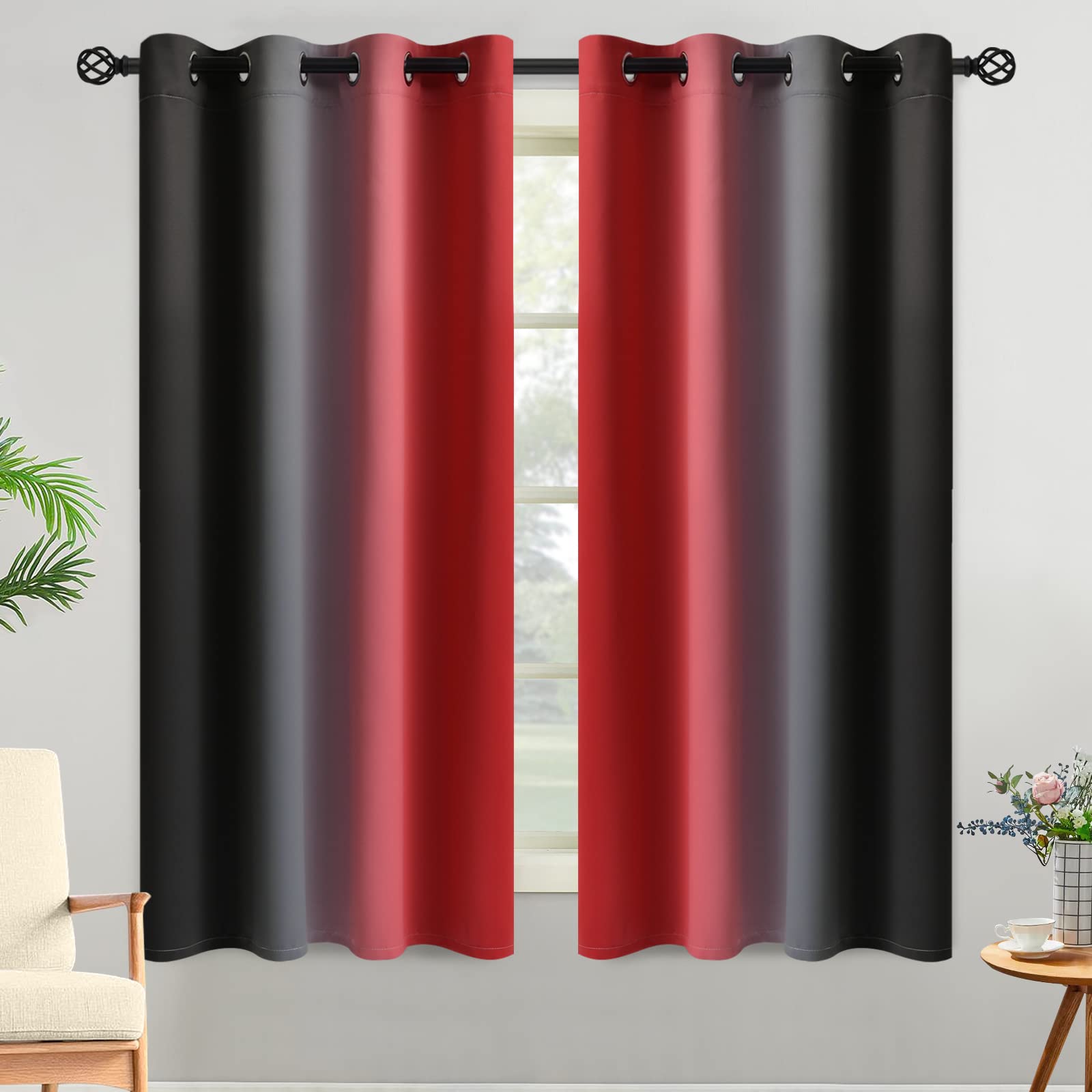 Yakamok Blackout Ombre Black and Red Curtains for Bedroom, Gradient Room Darkening Curtains, Grommet Thermal Insulated Full Light Blocking Window Drapes/Curtain for Living Room,52 x 63 Inch,2 Panels — image 1
