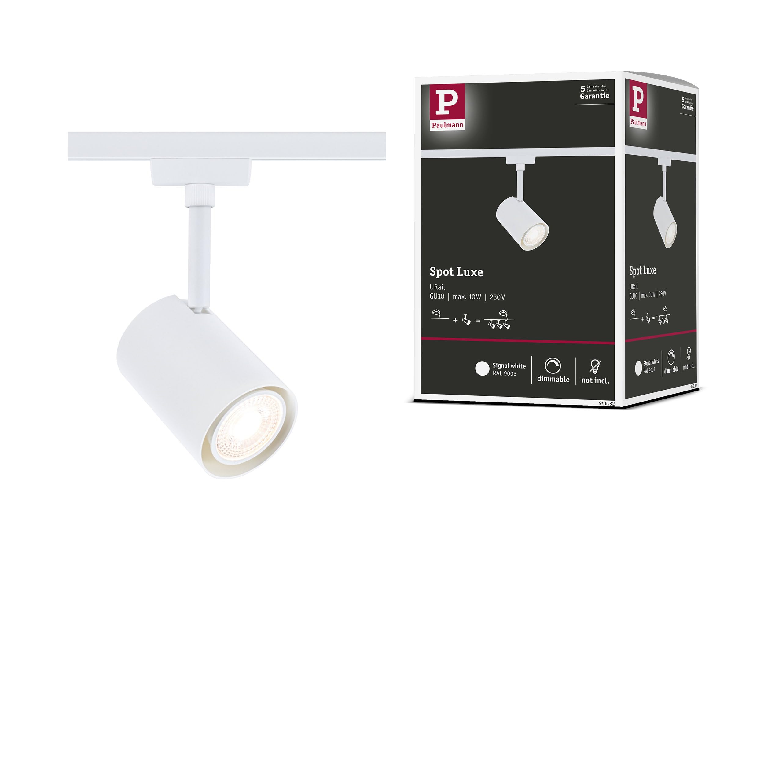 Paulmann 95632 URail Spot sur rail Luxe GU10 max. 10 W dimmables 230 V blanc signal Système de rail URail - Libre choix de l'ampoule