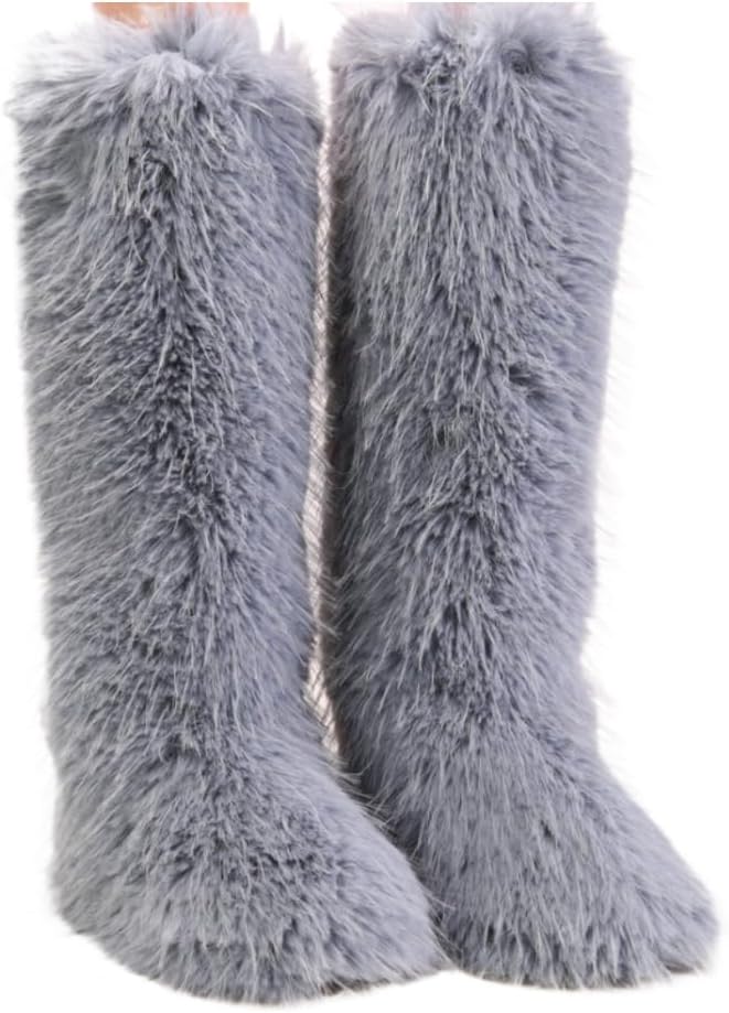 Rave Thigh High Fur Boots Y2K for Women, Fluffy Fuzzy Snow Winter Boots, Faux Mongolian Furry Shoes, Goth Boho Emo Grunge Cute Fahsion, EDM Festivals Concert Parties Club, Halloween Christmas New Year