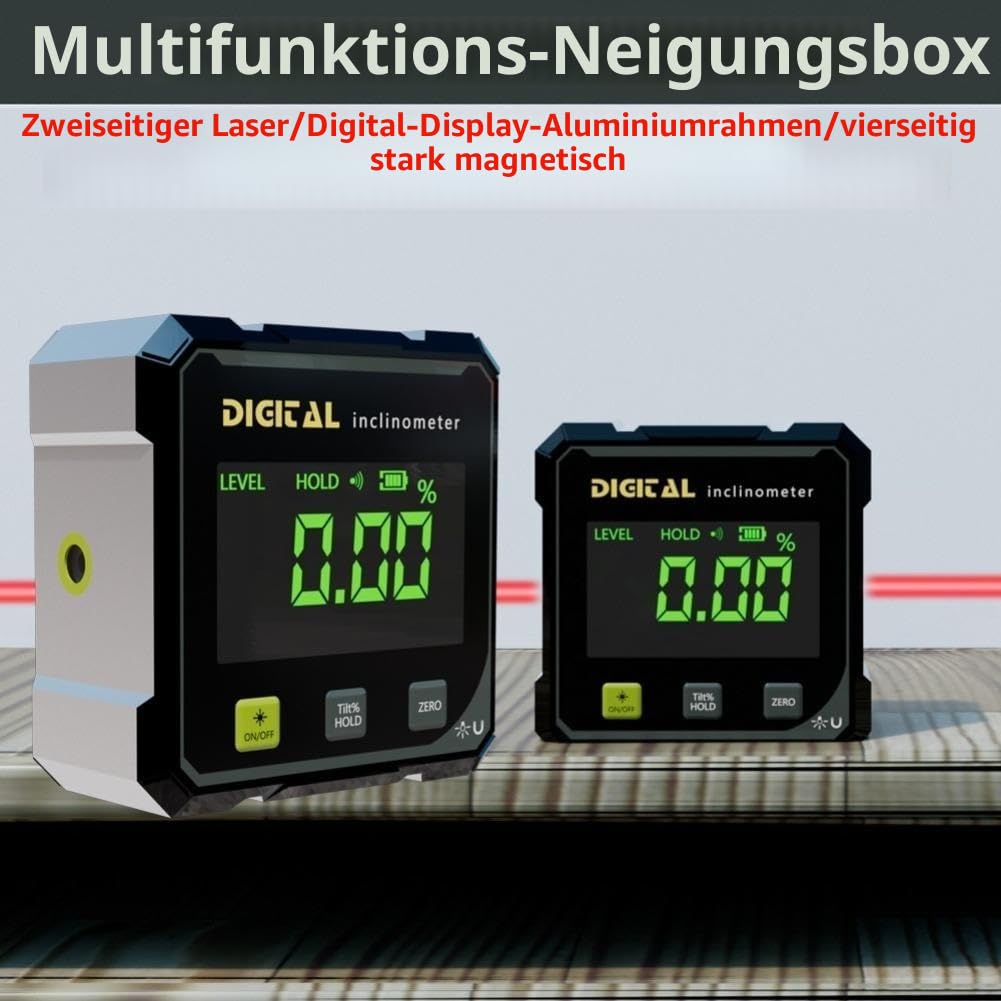 Digitaler Winkelsucher mit Elektronischem Laser - 4-seitige magnetische Winkellehre, Würfelneigungsmesser mit Hintergrundbeleuchtung, Hochpräzises Messwerkzeug für Holzbearbeitung, Tischsäge, Hängend