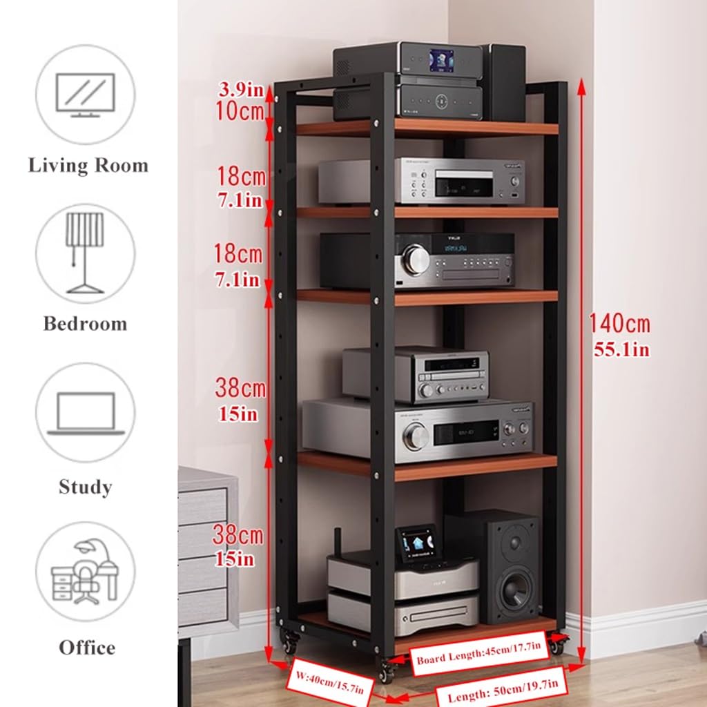 Audio Rack HiFi Regal Medienständer Mit 5 Etagen, Verstellbare Regalböden Für Plattenspieler, Bodenstehend, Stereo-Turm In Schwarz Und Eichen-Finish, Eck-TV-Regal Für Heimunterhaltung
