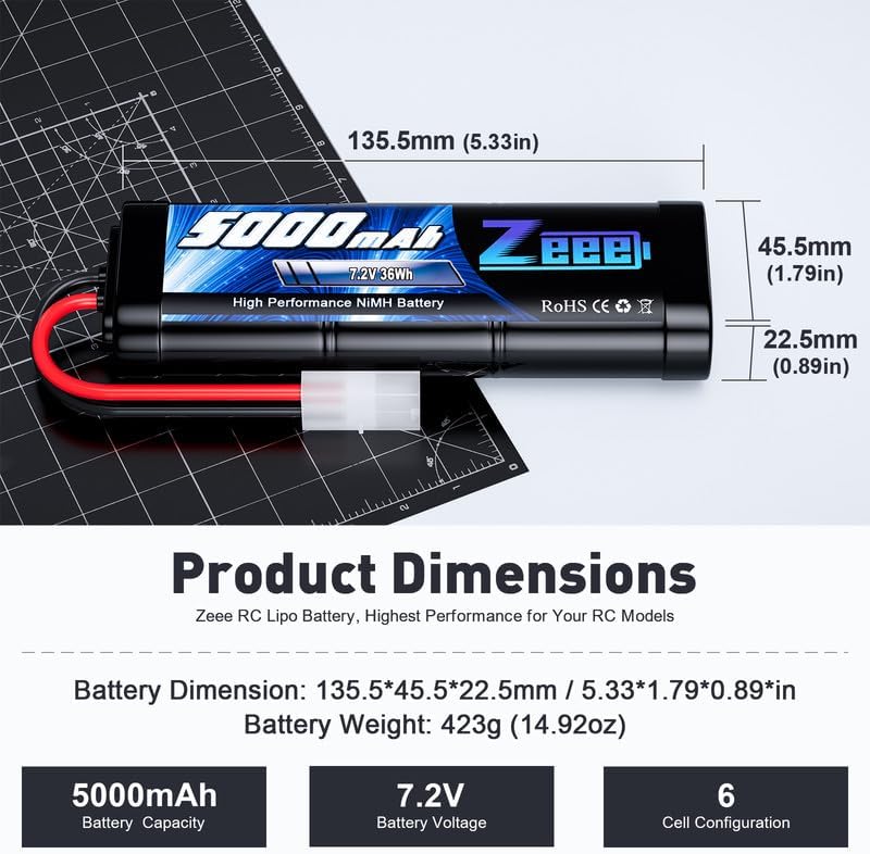 Miniatura 2 de Zeee Batería NiMH de 7.2 V 5000 mAh con enchufe Tamiya de 6 celdas, batería recargable de alta potencia para modelos RC Car Truck Truggy Buggy