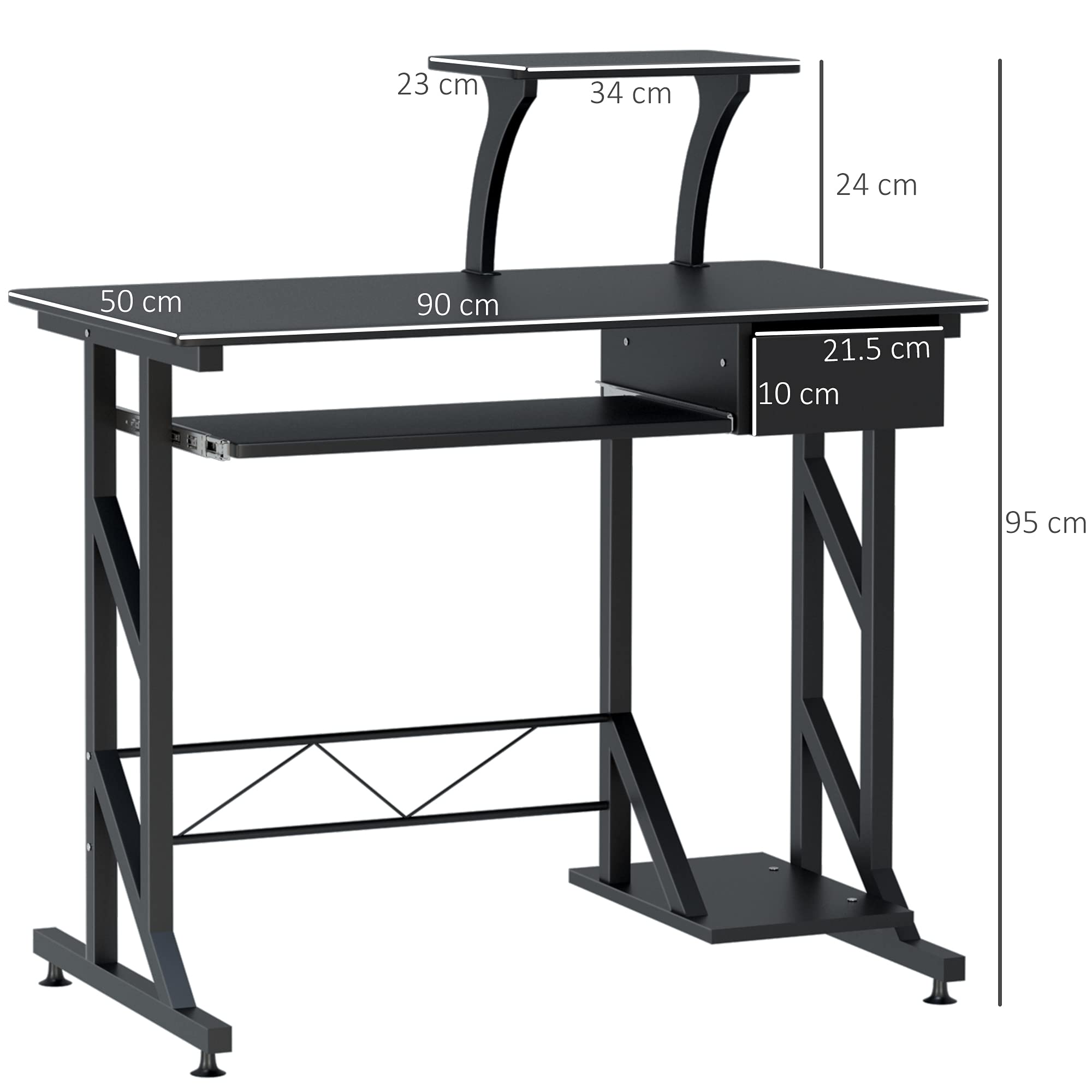 HOMCOM Scrivania per Computer Salvaspazio in Acciaio e Legno, Scrivania da Ufficio con Cassetto, Ripiano Tastiera Estraibile 90 x 50 x 95cm