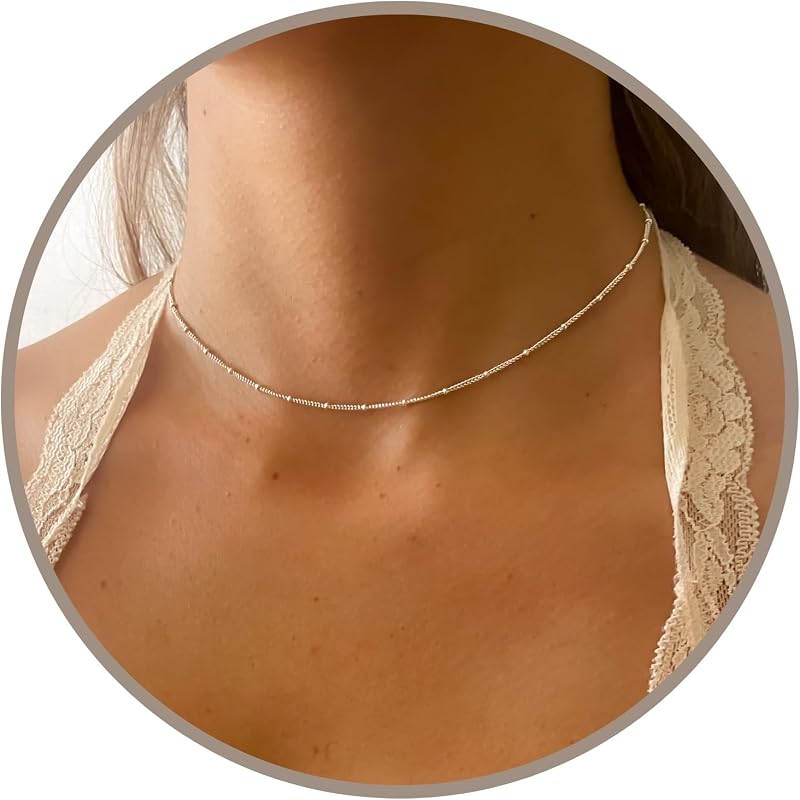 Silver Chain Choker Necklace, Silver Choker Necklaces, Length 13-16 Inches, Silver Jewelry for Women, Everyday Waterproof Jewelry