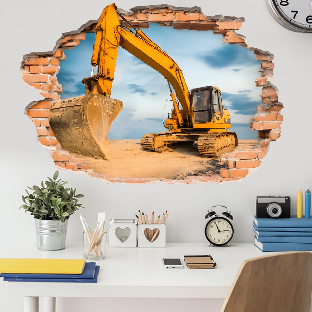 SUPERDANT 3D Excavator Wall Stickers Brick Self Adhesive Wall Decals Patchwork Waterproof Peel and Stick Wallie Art for Home Living Room Bedroom Apartment Playroom 96x60cm