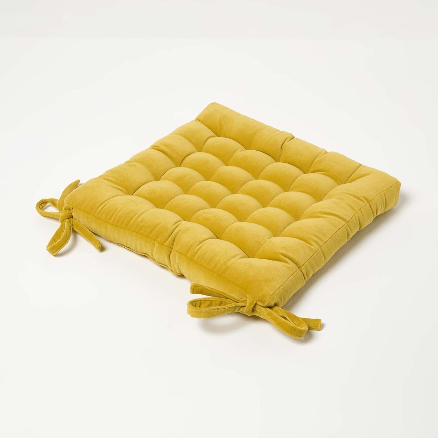 Homescapes Yellow Mustard Velvet Seat Pad For Dining Chair 40 X 40 Cm Super Soft 100% Cotton Quilted Velvet Chair Pad With Straps Indoor & Outdoor Garden Use For Lasting Comfort & Support