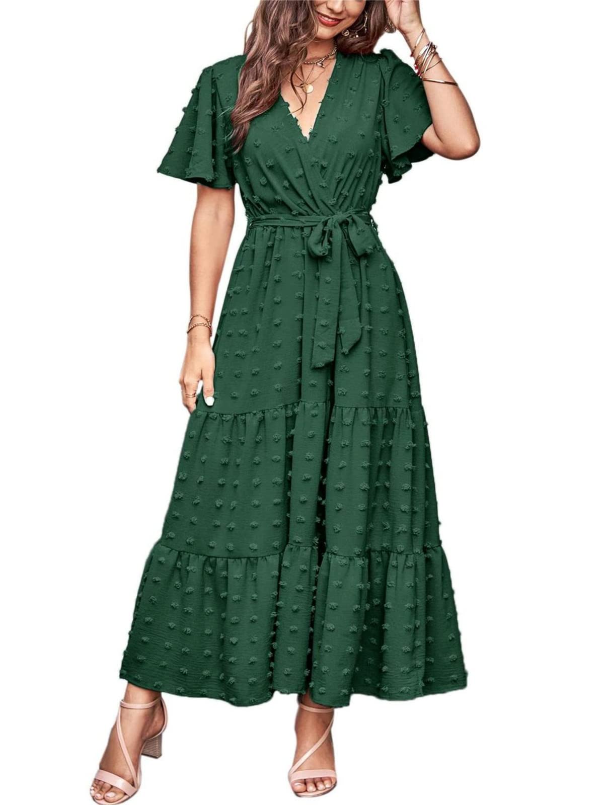 Yageshark Vestido de verano para mujer, largo, bohemio, manga corta, con volantes, cuello en V, vestido de playa con cinturón, monocolor, vestido maxi 2023