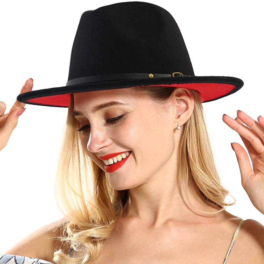KTKA Women Jazz Cap, Black Red Patchwork Wool Felt Fedora Hats Belt Buckle Decor Unisex Wide Brim Cowboy Cap Sunhat