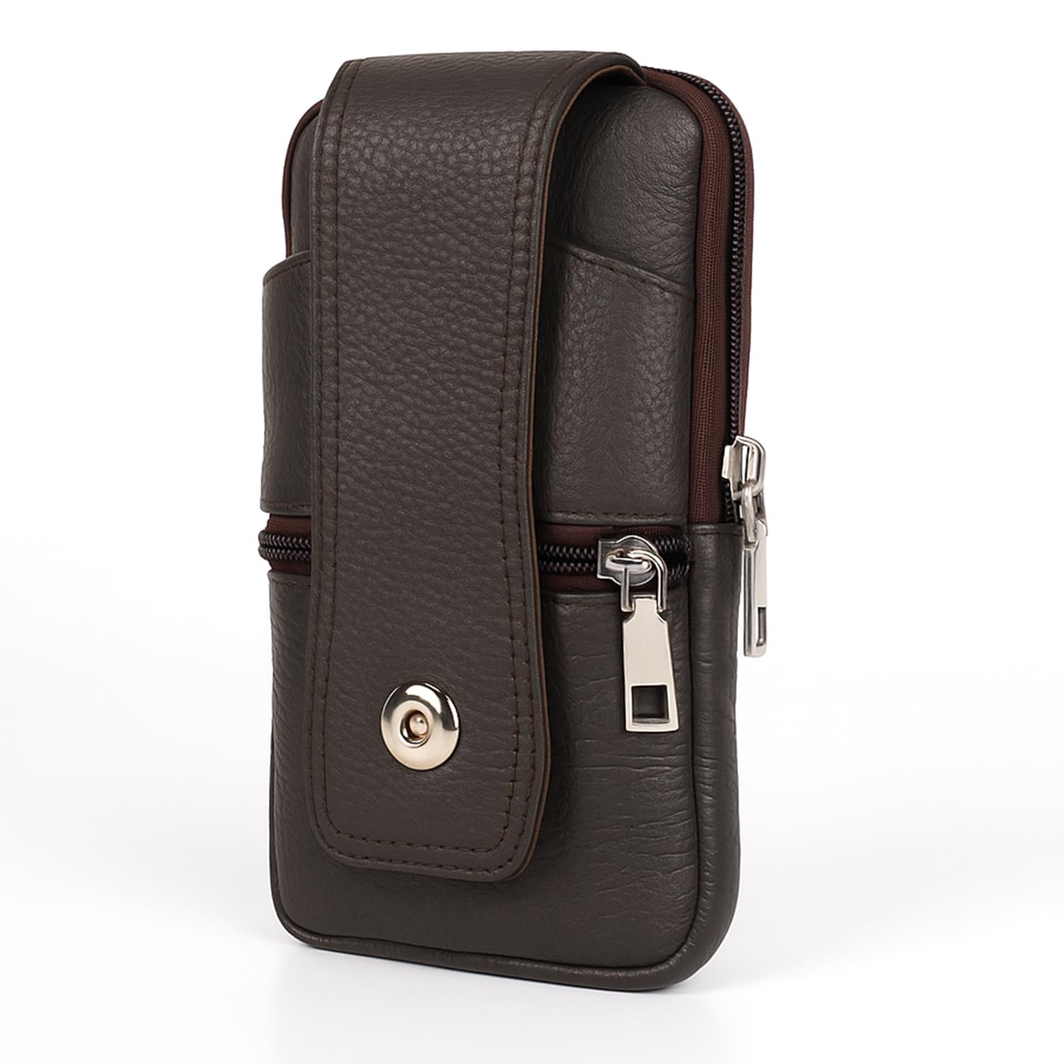 UrbanVault Men's Premium Genuine Leather Mobile Phone Pouch with Secure Snap Button, Dual Zipper Compartments, Belt-Mounted Waist Bag for Daily Use, Travel & Office (Color-Brown)
