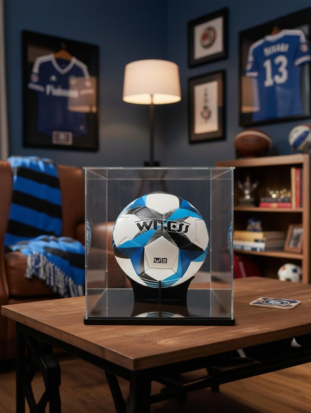 Espositore per palloni da calcio e pallavolo, a grandezza naturale in acrilico, trasparente per oggetti da collezione (25,4 x 25,4 x 25,9 cm)