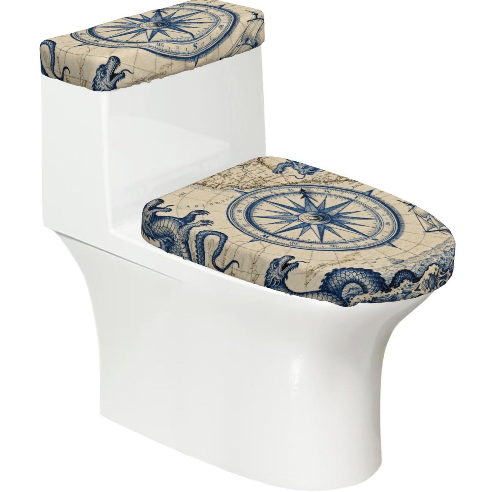 Cntdbu Black Old-Fashioned Map Elastic Toilet Cover Set Of 2-Stretchy Lid And Tank Covers For Bathroom, Soft Washable U Shape Toilet Decor