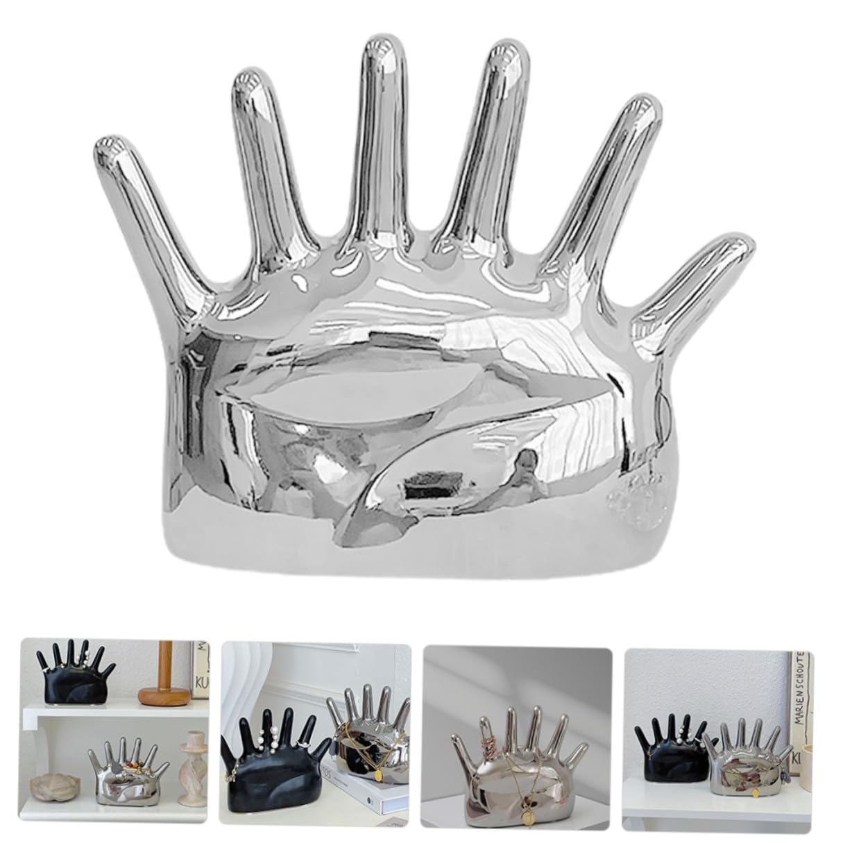 Levemolo Keramik Ringhalter Handform Schmuckständer mit Foto Requisit Funktion Kompakt Silberfarben Schmuck Organizer für Damen Mädchen Dekorativer Schmuckhalter für Kommode und