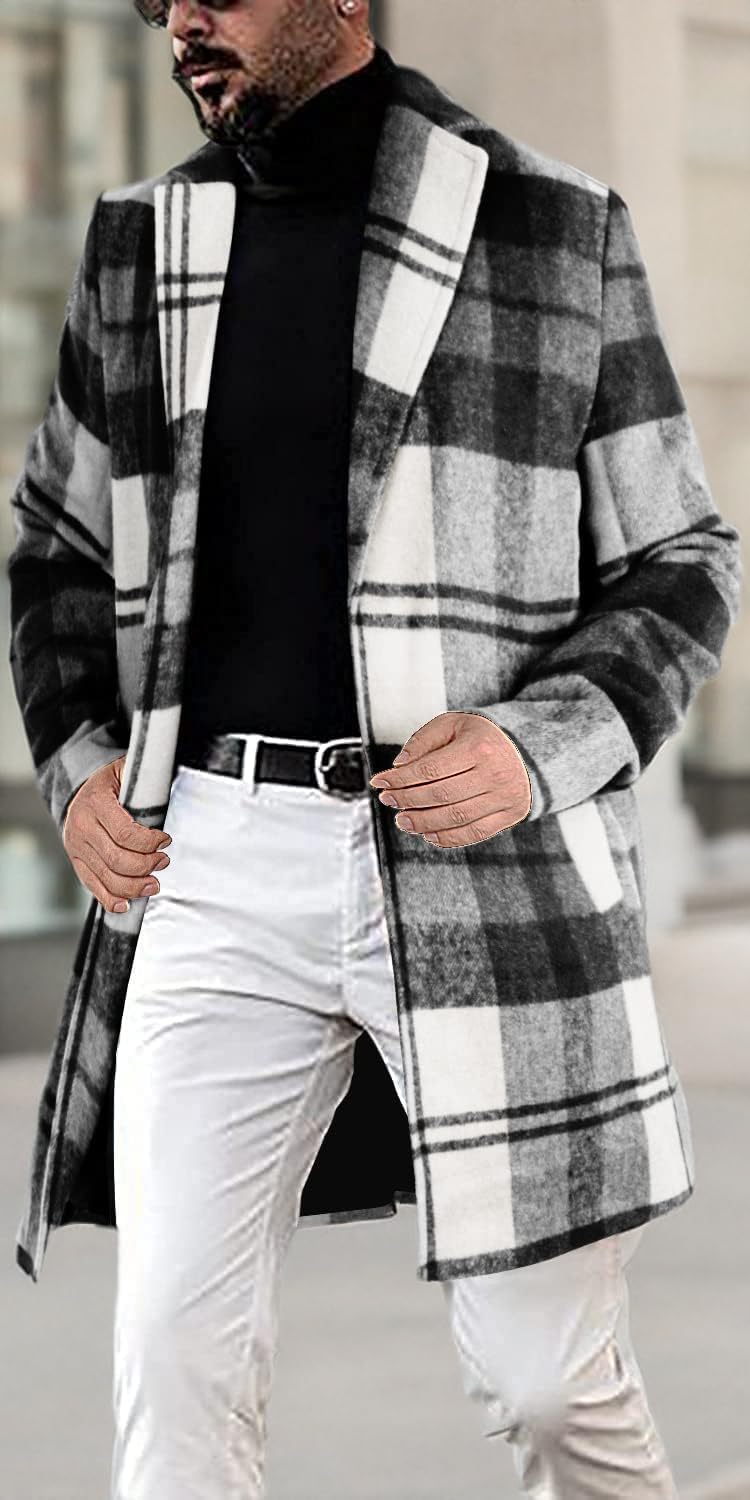 chouyatou Men's Casual Notched Collar Plaid Single Breasted Wool Blend Formal Trench Top Coat - Image 6