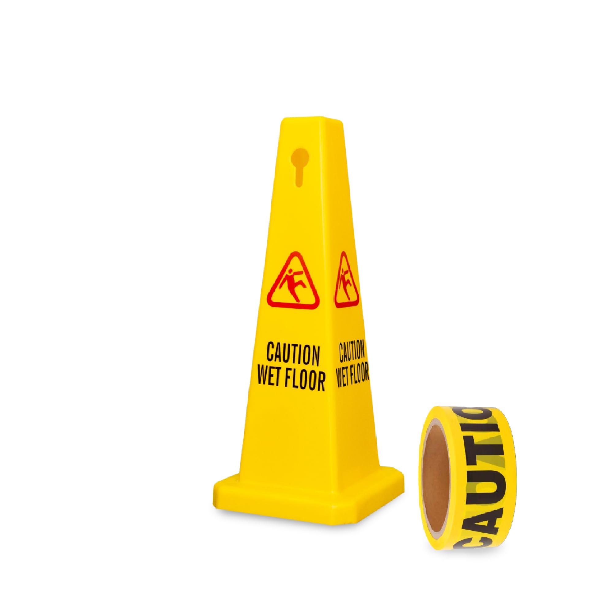 4 Sides View Caution Wet Floor Sign with 50 Meter Caution Warning Tape, 67CM Highly Visible Yellow Wet Floor Safety Sign Easily Noticeable for School, Hotels, Malls, Restaurants