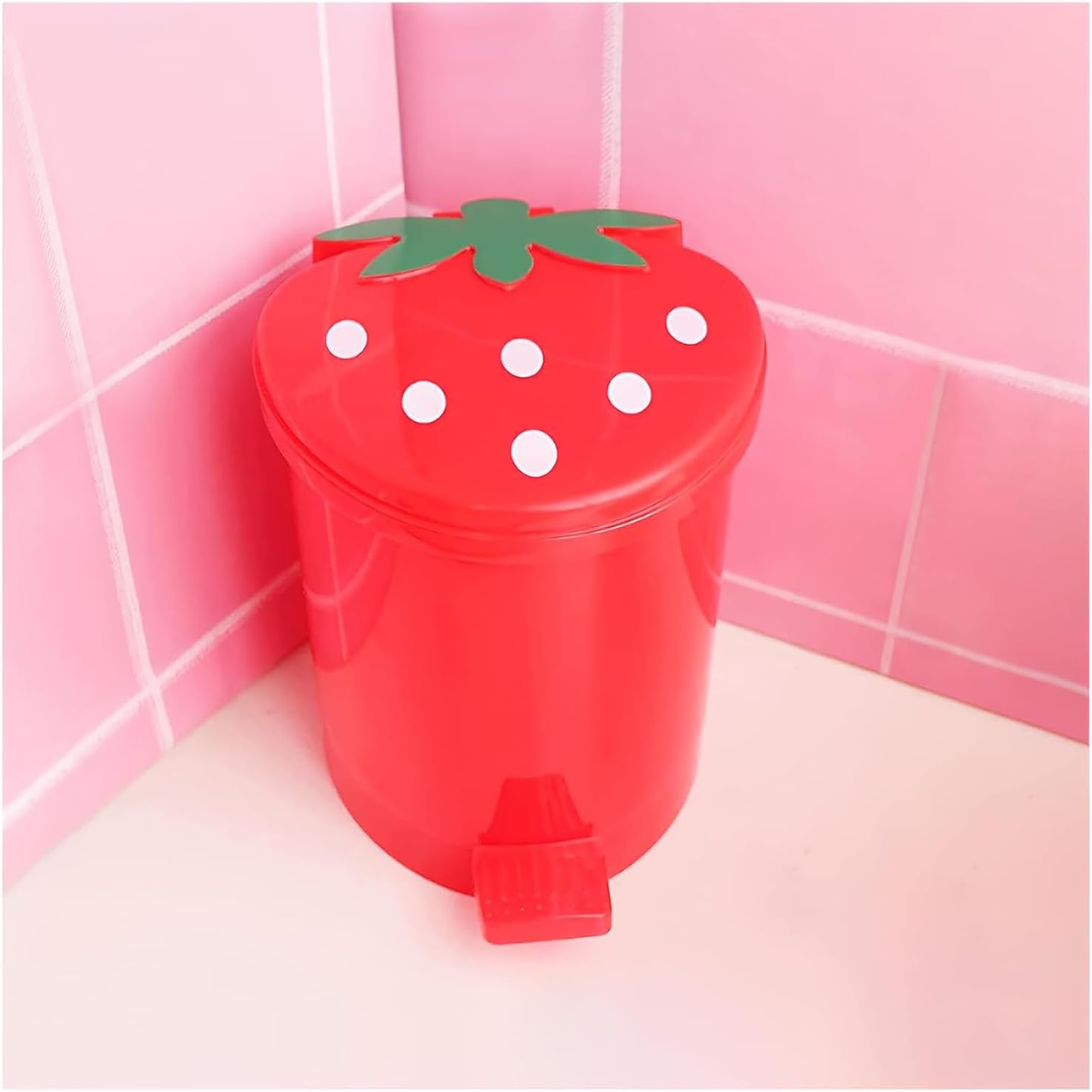 Strawberry Trash Can, 1 Gallon Small Red Trashcan Cutecore Room Decor Kawaii Cute Trash Can for Bedroom Desk Office with 2 Rolls Garbage Bag and 20 PCS 3D Cartoon Stickers (Red, Small)