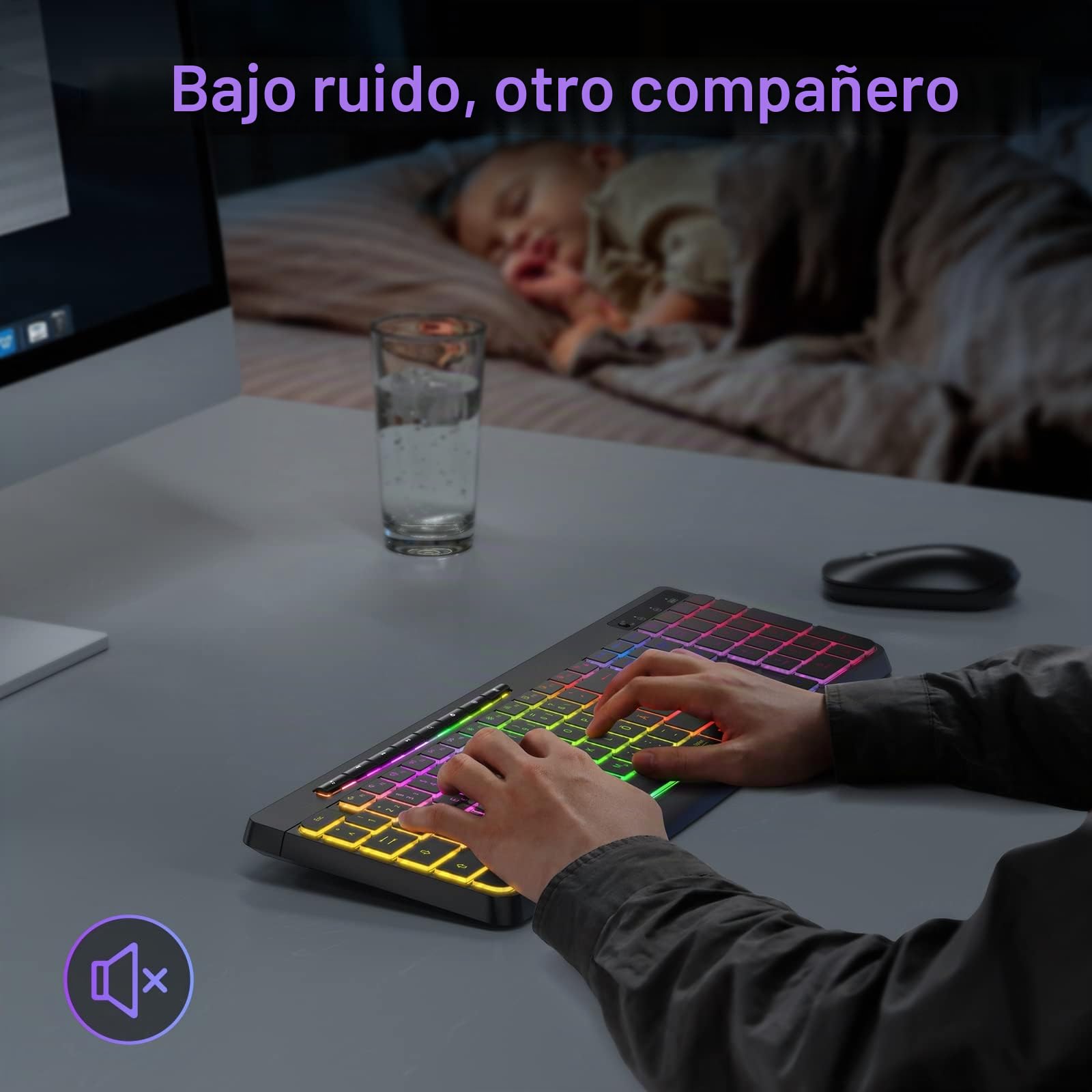 TECURS Teclado Gaming Inalámbrico QWERTY - Silencioso, Ergonómico, Impermeable, 2.4Ghz LED Iluminado para PC/Ordenador/Mac/Windows Con Teclas Multimedia (DE-Layout)
