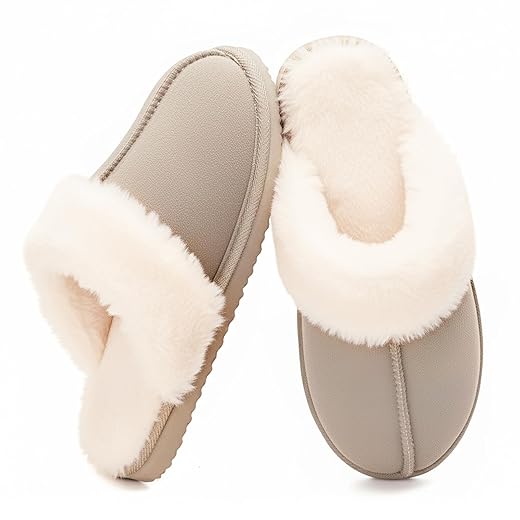 OOW Fuzzy Slippers for Women Cozy Faux Fur House Shoes Winter Warm Memory Foam Slippers for Indoor and Outdoor