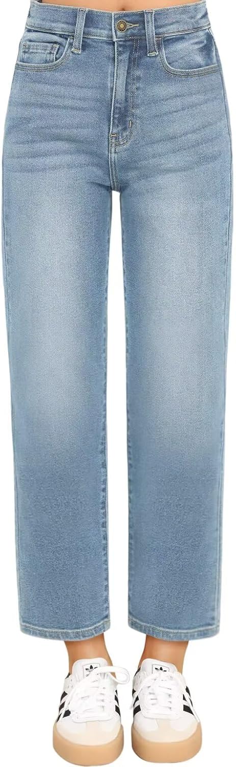 KDF Women's Cropped Straight Leg Jeans - High Waisted Jeans for Women 7/8 Length Denim Pants with Crop Hem