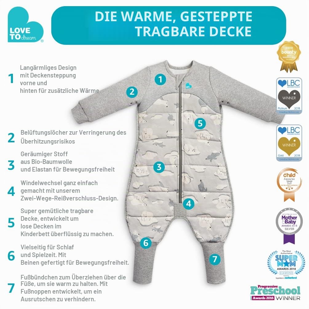 Love To Dream™ Schlafanzug mit Beinen, 4–5 Jahre – Grau | Langärmlig, leichte tragbare Decke | 3,5 Tog für Winter & Herbst (14–16 °C) | Baumwolle, maschinenwaschbar, Doppelreißverschluss