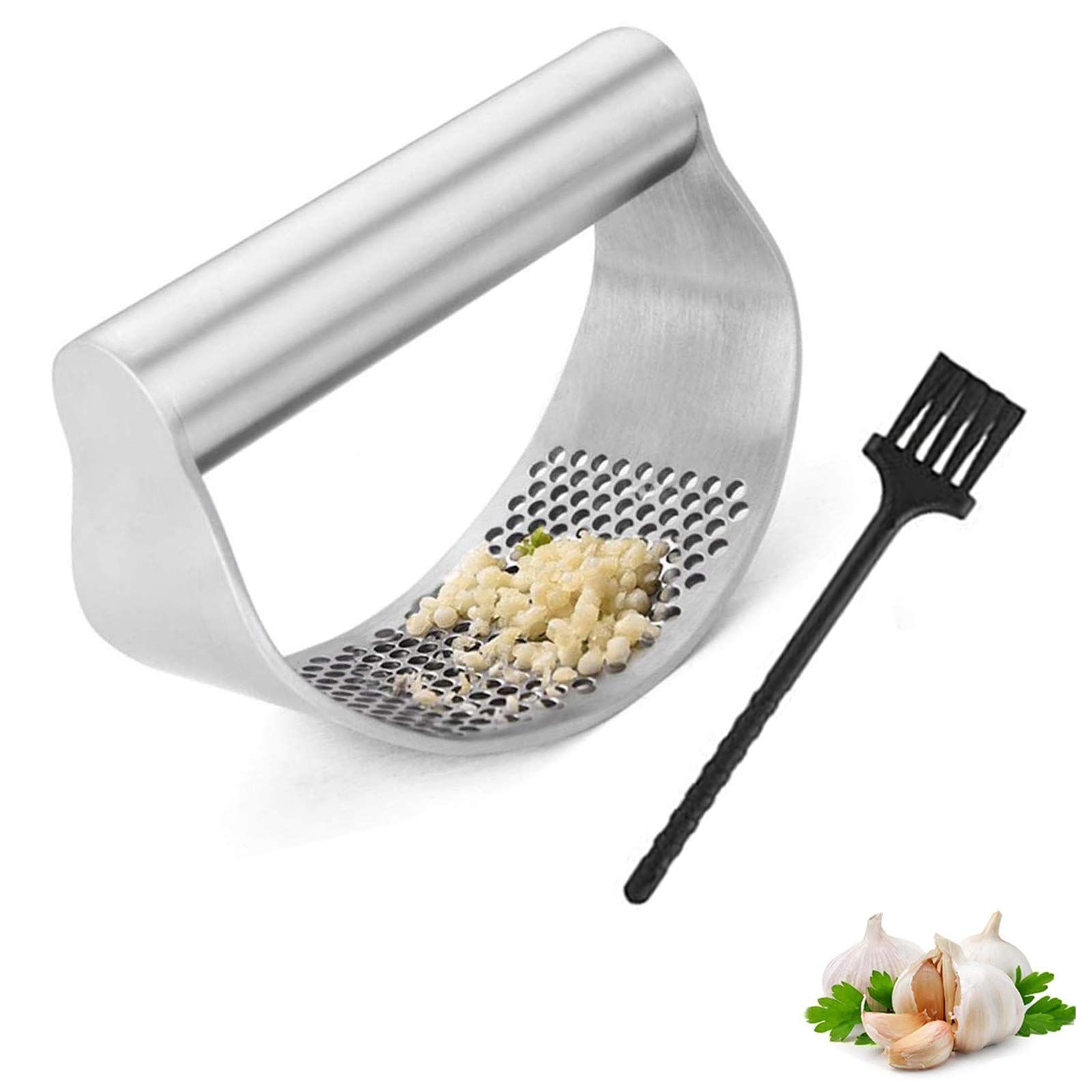 gotyou Garlic Press, Stainless Steel Ginger Crusher Garlic Presser with Cleaning Brush Black Kitchen Gadgets, Comfortable Handle, Manual Garlic Press Stainless Steel Kitchen Curved Ginger Crusher