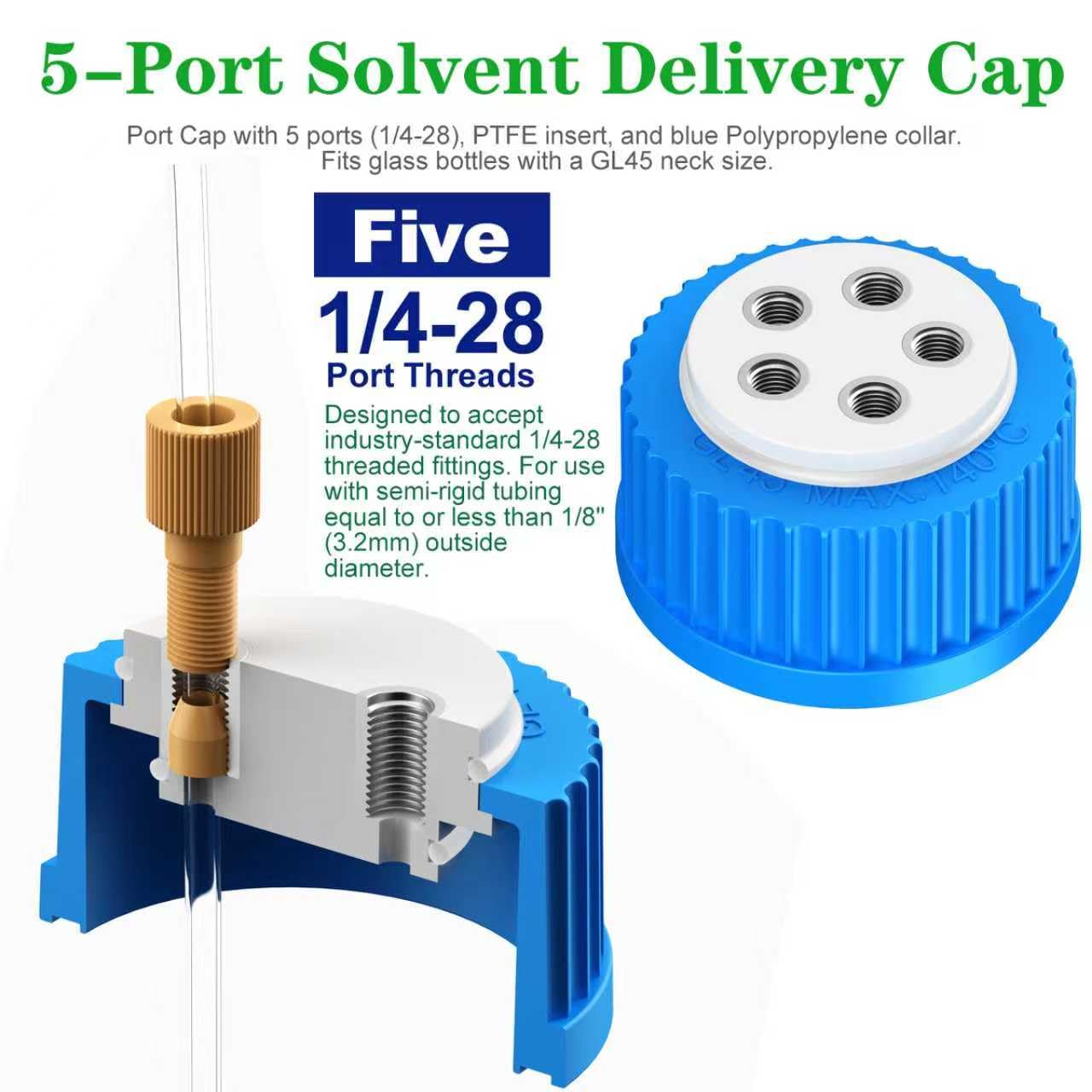 GL45 with Port Cap/Safety Filling Cap for 1/8" Inch OD Tubing,Solvent Delivery Cap with 1/4"-28 Thread Inserts Holes,for Glass Bottles by ZHANXUBIO (5 Ports for 1/8" Tubing)